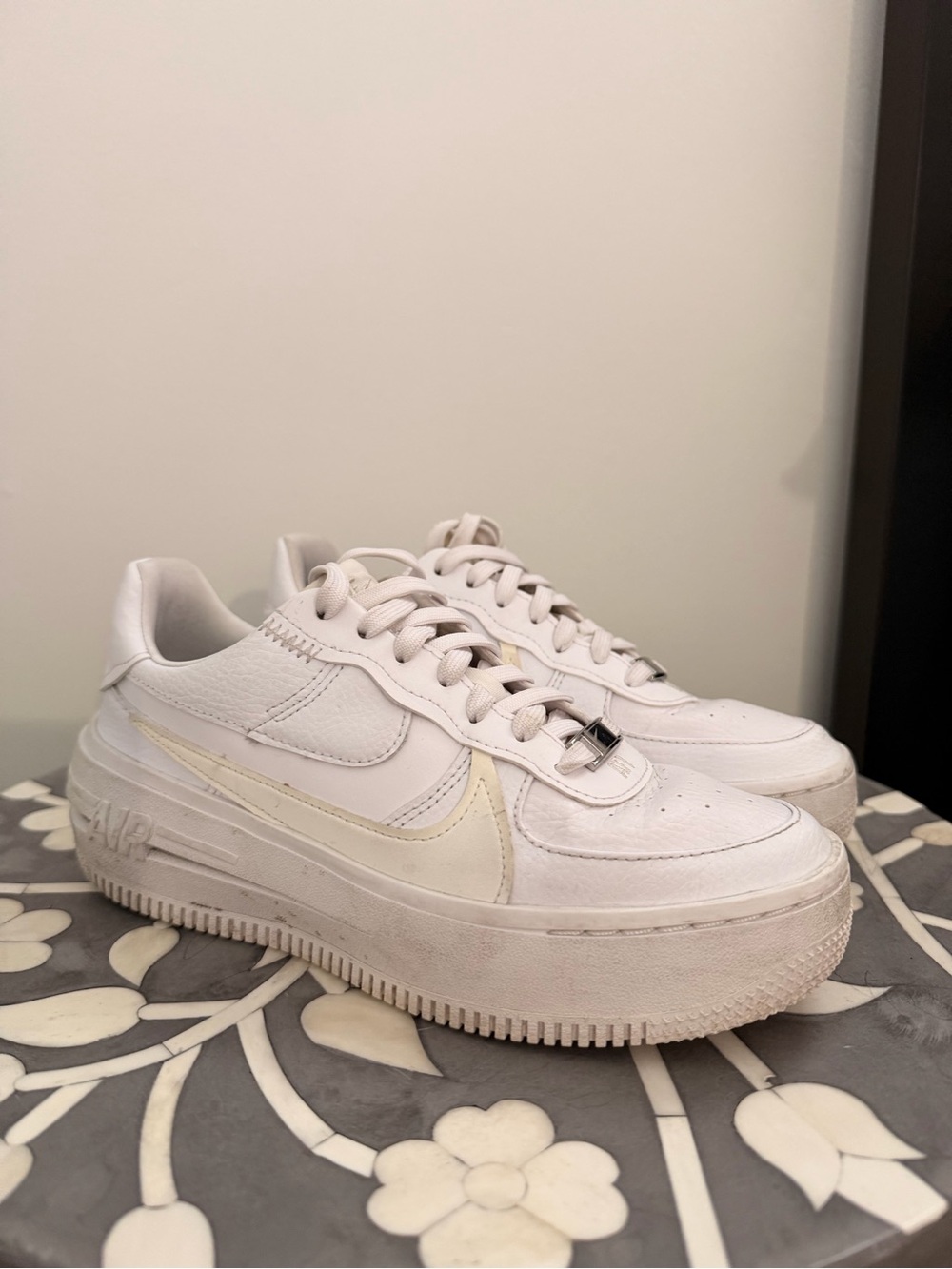 Nike White Leather Platform Sneakers with Cream Swoosh